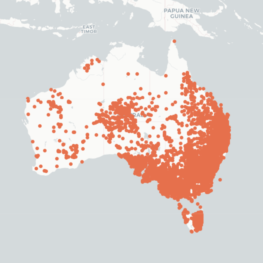 Map of Australia indicating widespread distribution from central Australia to all eastern regions excluding high alpine regions.